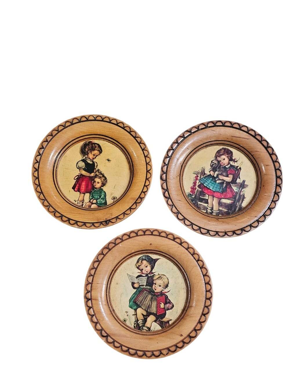 Vintage Hummel Style Wood Wall Plates Set 3 Children Dog Accordion Folk Art